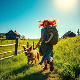 A brave redhead woman embarking on an adventurous journey alongside her loyal dog, as they leave a picturesque farm behind