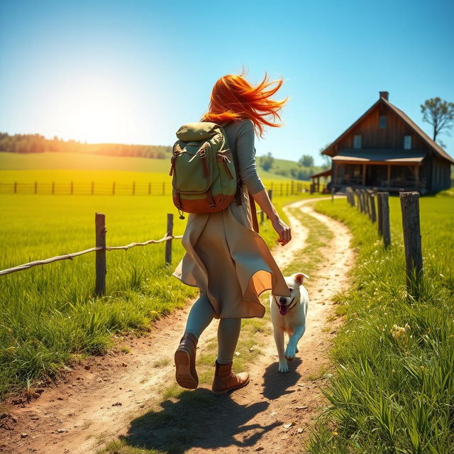 A brave redhead woman embarking on an adventurous journey alongside her loyal dog, as they leave a picturesque farm behind