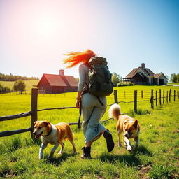 A brave redhead woman embarking on an adventurous journey alongside her loyal dog, as they leave a picturesque farm behind