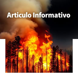 A dramatic scene of a forest fire blazing with vibrant orange and red flames engulfing tall trees