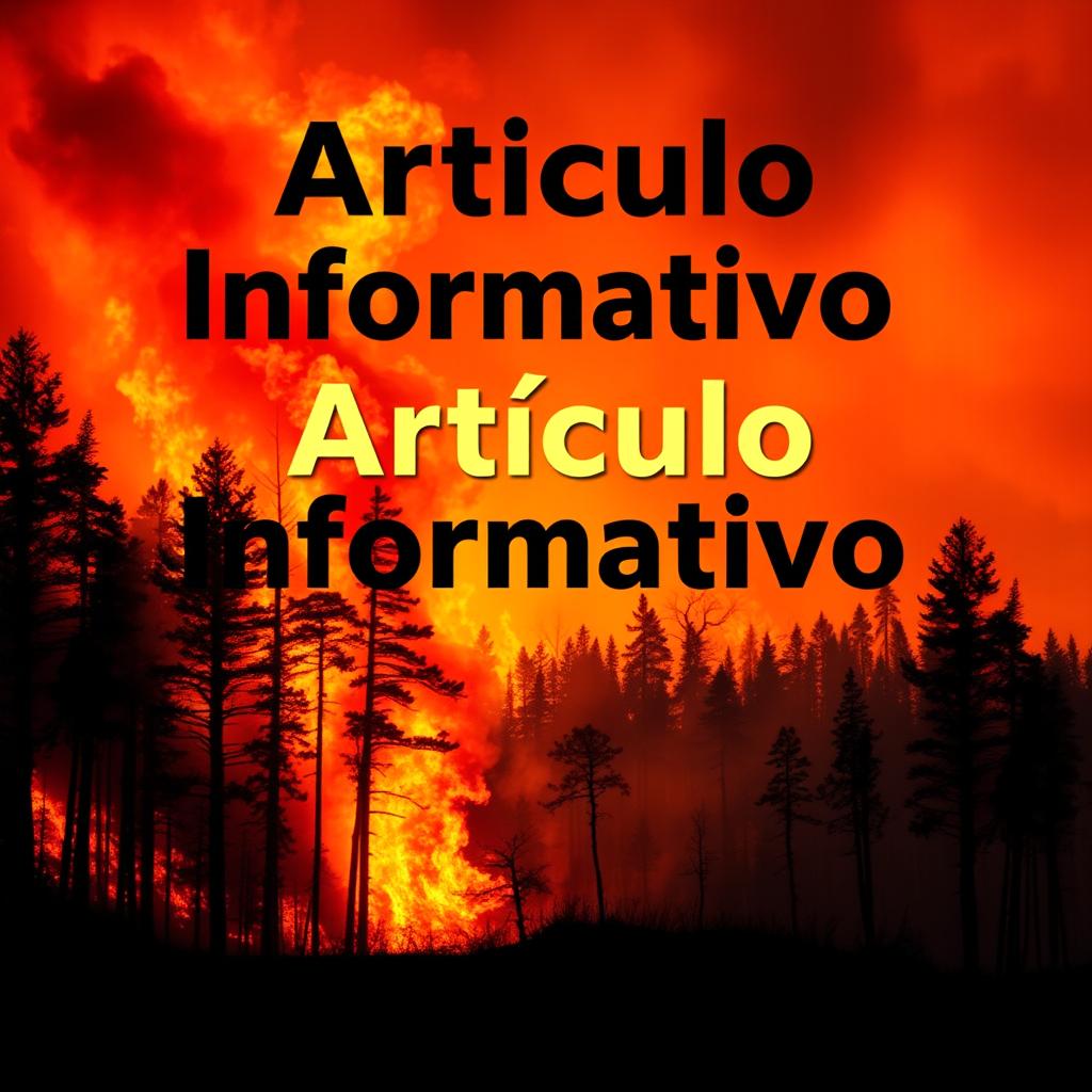 A dramatic scene of a forest fire blazing with vibrant orange and red flames engulfing tall trees
