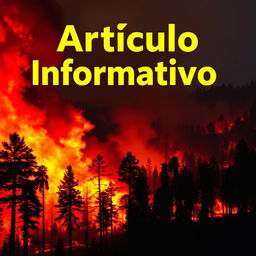 A dramatic scene of a forest fire blazing with vibrant orange and red flames engulfing tall trees