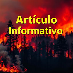 A dramatic scene of a forest fire blazing with vibrant orange and red flames engulfing tall trees