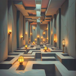A surrealistic painting depicting a labyrinth