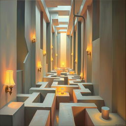 A surrealistic painting depicting a labyrinth