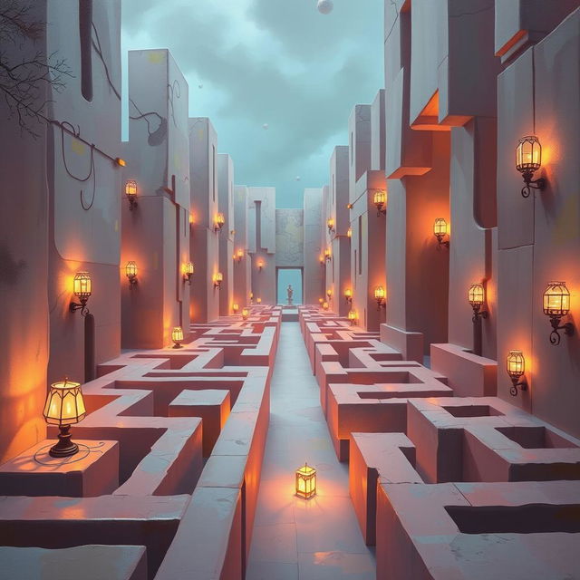 A surrealistic painting depicting a labyrinth