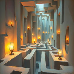 A surrealistic painting depicting a labyrinth
