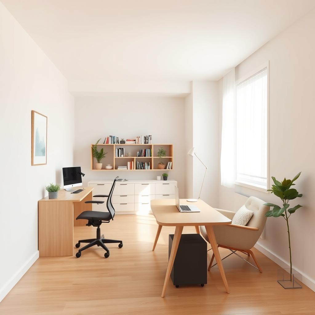 A minimalistic home office design that features a dedicated chill zone within a spacious 45m2 layout