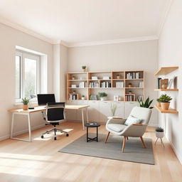 A minimalistic home office design that features a dedicated chill zone within a spacious 45m2 layout