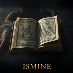 A captivating movie cover for the film "ISMINE" centered around an ancient, mysterious book