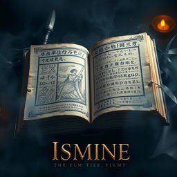 A captivating movie cover for the film "ISMINE" centered around an ancient, mysterious book