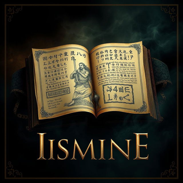 A captivating movie cover for the film "ISMINE" centered around an ancient, mysterious book