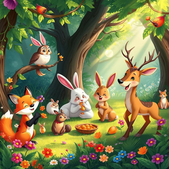 A joyful scene in a lush, vibrant forest where various animals are happily sharing and playing together