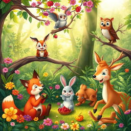 A joyful scene in a lush, vibrant forest where various animals are happily sharing and playing together