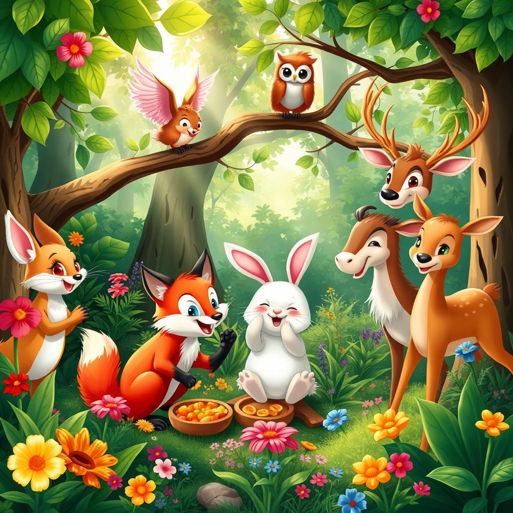 A joyful scene in a lush, vibrant forest where various animals are happily sharing and playing together