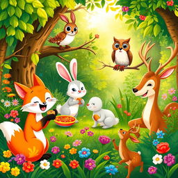 A joyful scene in a lush, vibrant forest where various animals are happily sharing and playing together