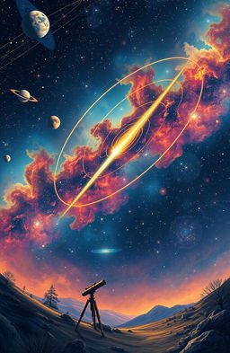 An artistic representation of a hyperbola in astronomy, featuring a colorful cosmic background filled with stars, planets, and nebulae
