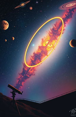 An artistic representation of a hyperbola in astronomy, featuring a colorful cosmic background filled with stars, planets, and nebulae