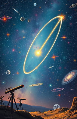 An artistic representation of a hyperbola in astronomy, featuring a colorful cosmic background filled with stars, planets, and nebulae