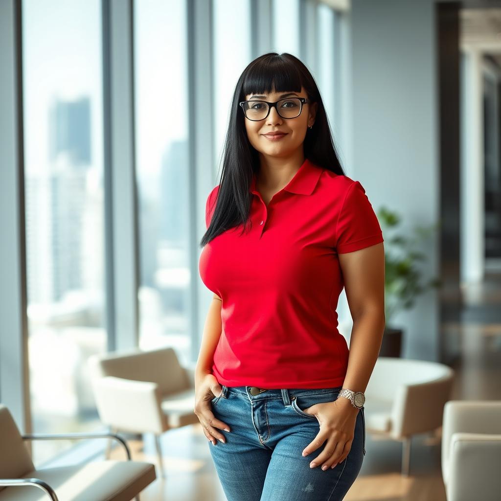An average-looking, curvaceous 38-year-old woman with straight black hair and glasses, wearing a tight red polo t-shirt that accentuates her big breasts and denim jeans