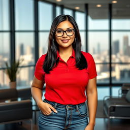 An average-looking, curvaceous 38-year-old woman with straight black hair and glasses, wearing a tight red polo t-shirt that accentuates her big breasts and denim jeans