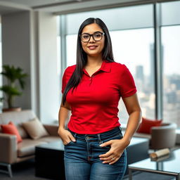 An average-looking, curvaceous 38-year-old woman with straight black hair and glasses, wearing a tight red polo t-shirt that accentuates her big breasts and denim jeans