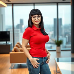 An average-looking, curvaceous 38-year-old woman with straight black hair and glasses, wearing a tight red polo t-shirt that accentuates her big breasts and denim jeans