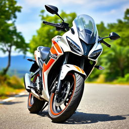 A sleek white Pulsar NS200 motorcycle with vibrant orange stripes, showcasing its modern design and sporty features