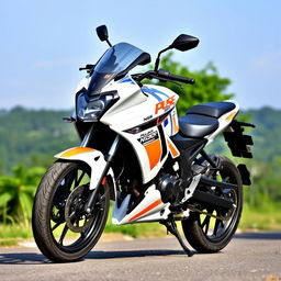 A sleek white Pulsar NS200 motorcycle with vibrant orange stripes, showcasing its modern design and sporty features