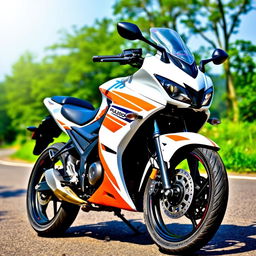 A sleek white Pulsar NS200 motorcycle with vibrant orange stripes, showcasing its modern design and sporty features