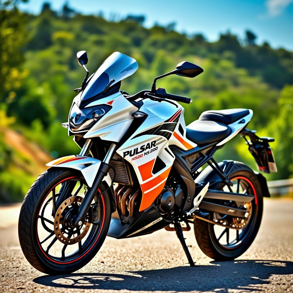 A sleek white Pulsar NS200 motorcycle with vibrant orange stripes, showcasing its modern design and sporty features