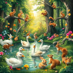 A lively forest scene depicting a variety of animals, including ducks, geese, rabbits, and squirrels, all happily interacting together