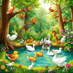 A lively forest scene depicting a variety of animals, including ducks, geese, rabbits, and squirrels, all happily interacting together