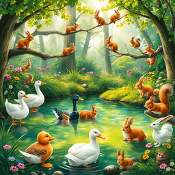 A lively forest scene depicting a variety of animals, including ducks, geese, rabbits, and squirrels, all happily interacting together