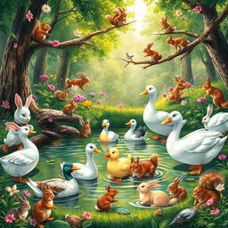 A lively forest scene depicting a variety of animals, including ducks, geese, rabbits, and squirrels, all happily interacting together