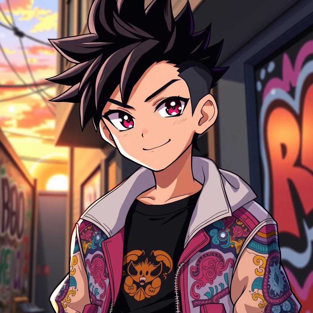 A stylish anime boy with a cool expression, featuring spiky hair, bright eyes, and a confident smirk