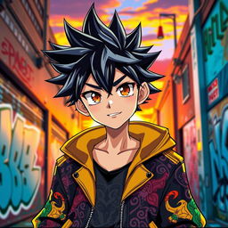 A stylish anime boy with a cool expression, featuring spiky hair, bright eyes, and a confident smirk