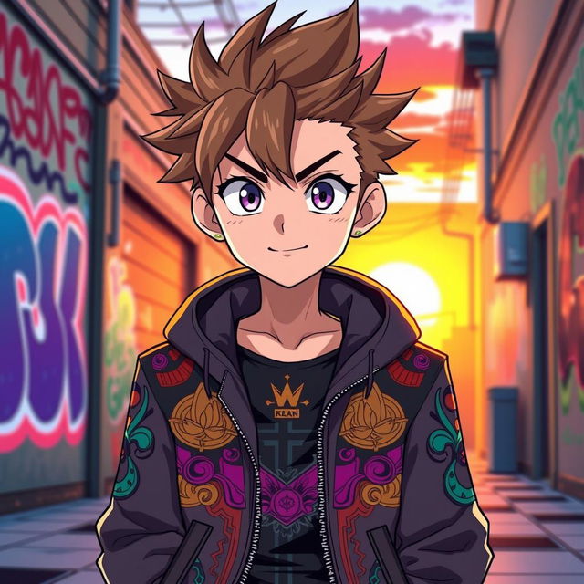 A stylish anime boy with a cool expression, featuring spiky hair, bright eyes, and a confident smirk