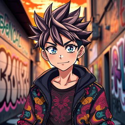 A stylish anime boy with a cool expression, featuring spiky hair, bright eyes, and a confident smirk