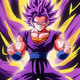 A digital art piece depicting a Super Saiyan with striking purple hair