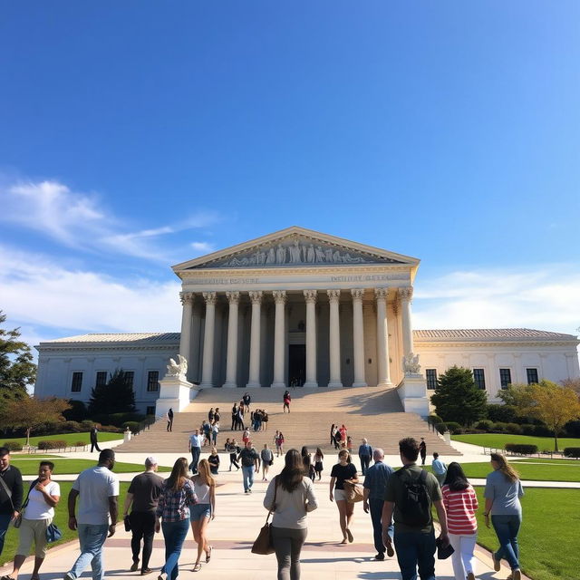 A majestic view of the United States Supreme Court building, showcasing its grand neoclassical architecture with large marble columns, a wide staircase leading to the entrance, and intricate sculptures adorning the facade