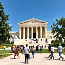 A majestic view of the United States Supreme Court building, showcasing its grand neoclassical architecture with large marble columns, a wide staircase leading to the entrance, and intricate sculptures adorning the facade