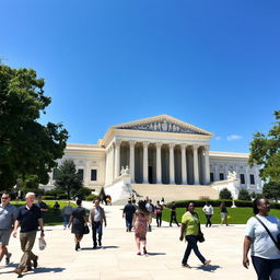 A majestic view of the United States Supreme Court building, showcasing its grand neoclassical architecture with large marble columns, a wide staircase leading to the entrance, and intricate sculptures adorning the facade