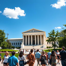 A majestic view of the United States Supreme Court building, showcasing its grand neoclassical architecture with large marble columns, a wide staircase leading to the entrance, and intricate sculptures adorning the facade
