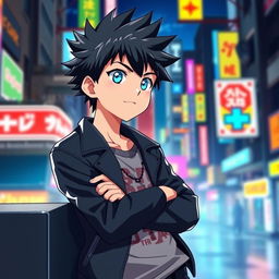 A cool anime boy with a confident expression, featuring spiky black hair and bright blue eyes