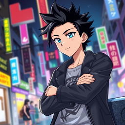 A cool anime boy with a confident expression, featuring spiky black hair and bright blue eyes