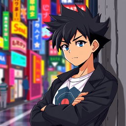 A cool anime boy with a confident expression, featuring spiky black hair and bright blue eyes