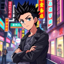 A cool anime boy with a confident expression, featuring spiky black hair and bright blue eyes