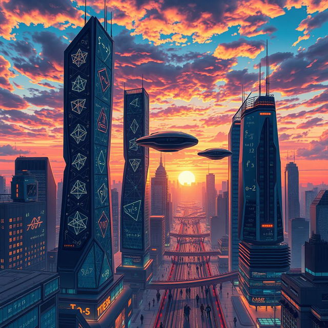 A visually striking illustration of a futuristic cityscape filled with advanced technology, where mathematics visually intertwines with architecture