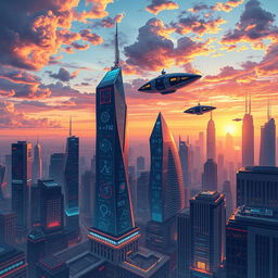 A visually striking illustration of a futuristic cityscape filled with advanced technology, where mathematics visually intertwines with architecture